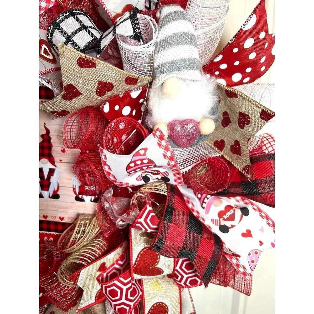 Handmade Valentine’s Gnome LOVE Ribbon Prelit Wreath 22 ins LED W11